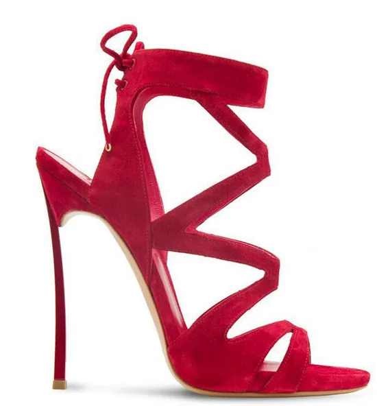 Fashion Red Gold Leather Lace Up Strappy Women Sandals Cut-out Stiletto High Heels Gladiator Sandals Women Pumps Sandalias Mujer (1)