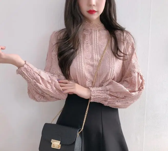  Dingaozlz blusas femininas elegante Lantern sleeve Women blouse Hollow out Lace Tops Casual Crochet