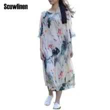 SCUWLINEN 2017 Summer Dress Chinese Ink and Wash Painting Women Dress Fairy Vintage Silk Dresses O-Neck Party Dresses S81