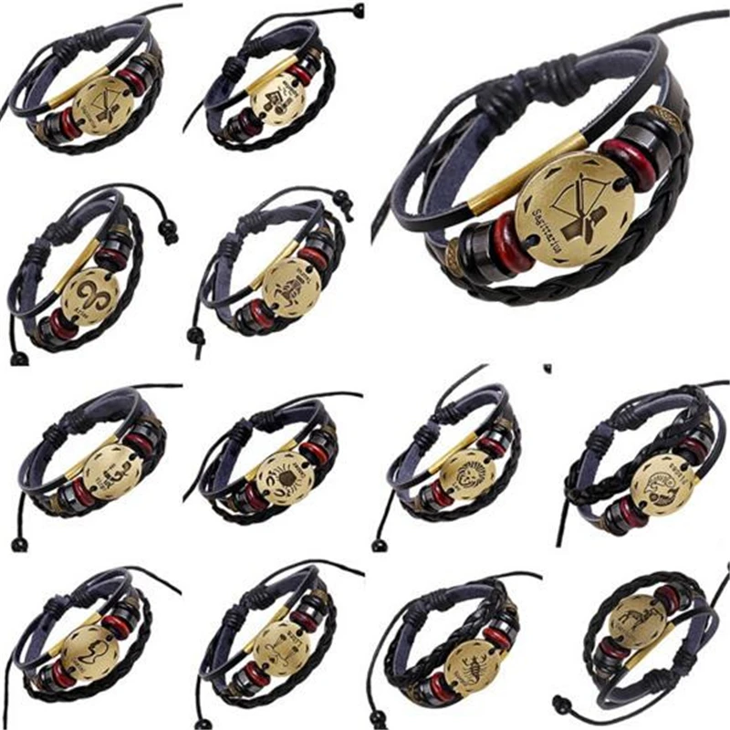 

2016 New Fashion 12 Zodiac Bracelets Aries/Virgo/Libra/Sagittarius/Leo/TaurusLeather Bracelet for Men and Women Pulseira