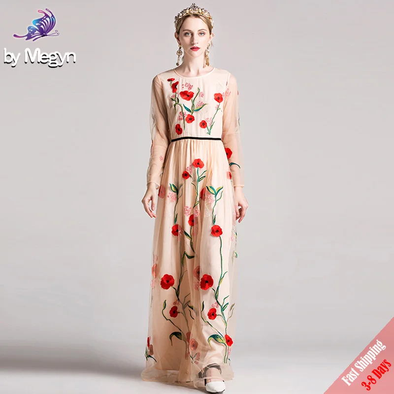 Hoge Kwaliteit Fashion Designer Fall Winter Maxi Jurk vrouwen Mesh Gaas Vintage Bloemen Borduren Lange Jurk