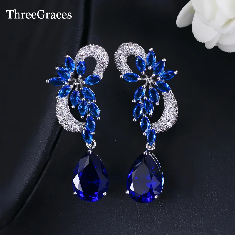 ThreeGraces Elegant Royal Blue Stone Earring Cubic Zirconia Crystal
