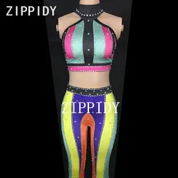 Цветные стразы бюстгальтер брюки из двух частей стрейч одежда певица Танцевальная Вечеринка шоу на сцене сексуальный костюм Для женщин