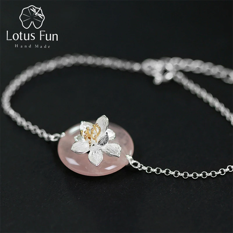 

Lotus Fun Real 925 Sterling Silver Chain Bracelets for Women Pink Rose Quartz Flower Fine Jewelry 925 sterling silber armband