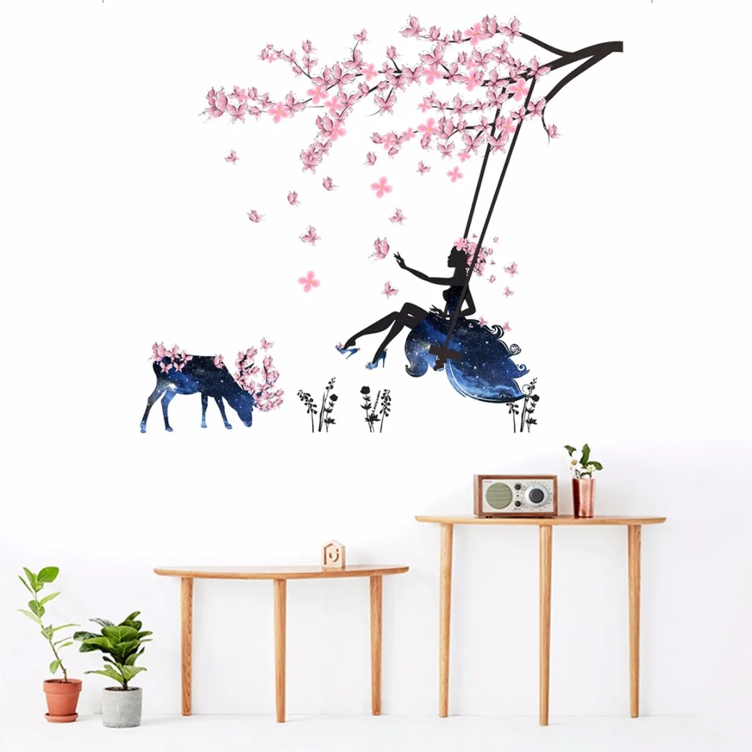 Beautiful Flower Fairy Tree Wall Sticker Decals Wing Moon Butterfly Girls room Decor Flower Fairy Sitting Vines Wall Decals Gift