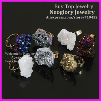 

10pcs Mixed Rainbow Titanium Druzy Ring metal Bezel Ring Unique Finger Rings Crystal Quartz Druzy Gems Drusy Stone Ring