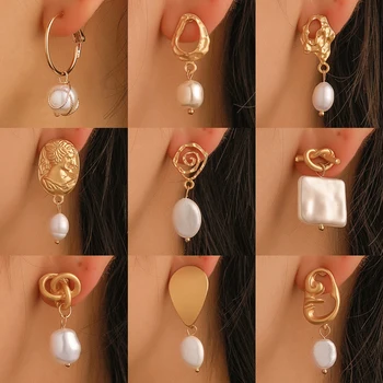 

Modyle Korea Design Metal Gold Geometric Irregular Circle Square Natural Freshwater Pearl Drop Earrings for Women Girl Gift