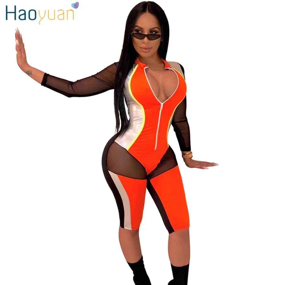 

HAOYUAN PU Gilding Sheer Mesh Patchwork Sexy Short Jumpsuit Women One Piece Outfit Bodycon Overalls Rompers Club Party Playsuit