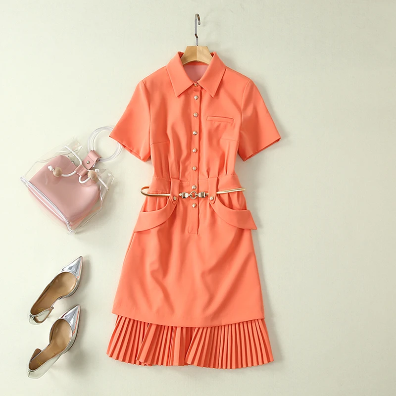 

HIGH QUALITY Newest 2019 Summer Runway Dress Women's Short Sleeve Pleated Shirt Dress