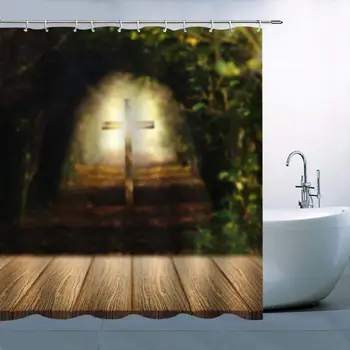 

Cross Pattern Theme Shower Curtain Bright Light Cross Wooden Floor Green Plant Waterproof