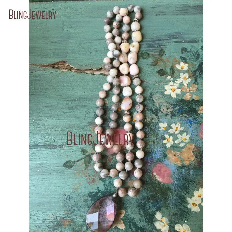 

Boho RomanticHand Knot Unique Pink Jaspers Solder Crystal Pendant Shabby Boho Glam Accessory NM18449