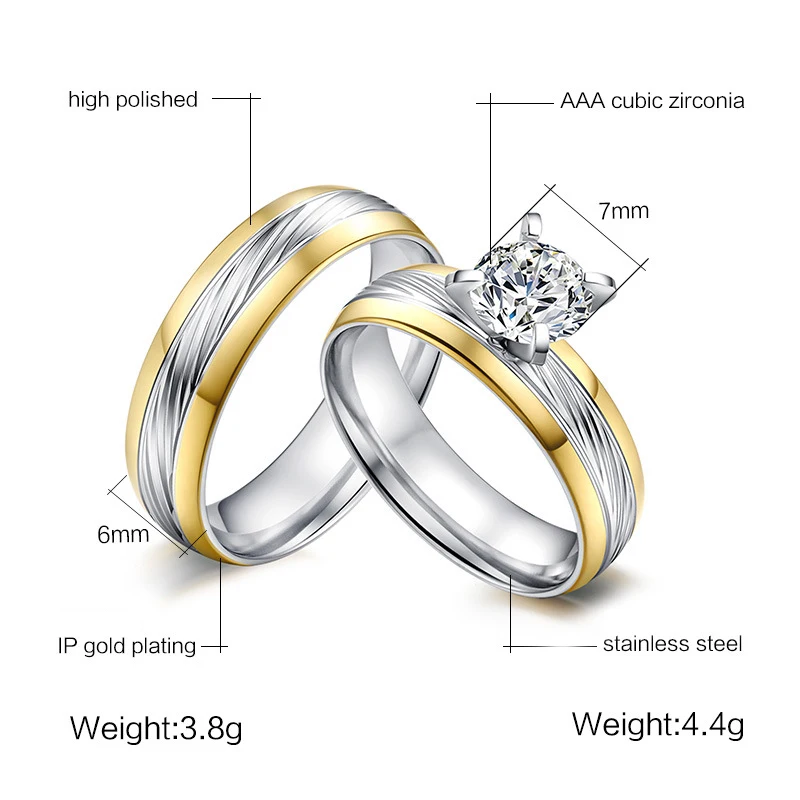 Classic Prong Setting Big CZ Stone Ring Wedding Rings for Women and Men Lover Engagement Stainless Steel Ring Alliance Jewelry
