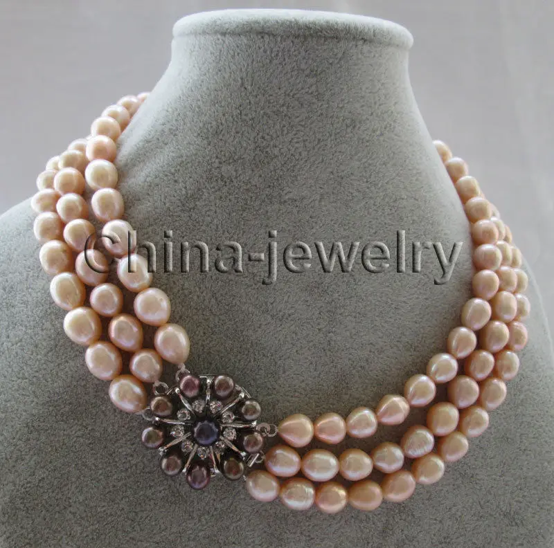 

17-19" 3row 9-11mm natural pink baroque rice shape freshwater pearl necklace