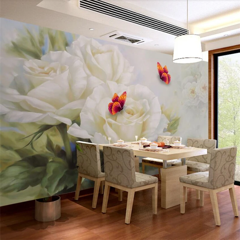 

wellyu Hand-painted beautiful white rose butterfly TV background wall custom large mural green wallpaper papel de parede