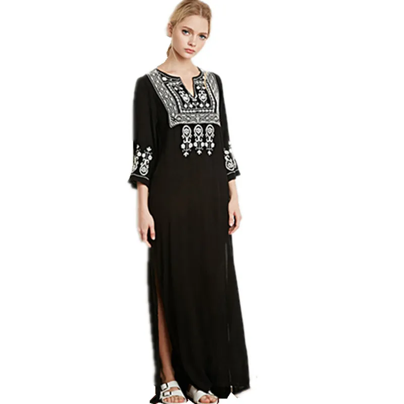 

Embroidery Runway Dress V-neck Bohemia Floral Long Dress Women Party Dresses elegant Chic Dress