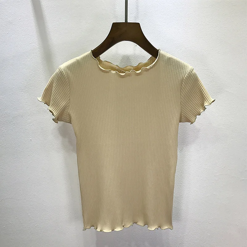 Женские футболки с оборками, ребристые кроп-топы, мягкие и эластичные футболки с коротким рукавом, базовый укороченный топ Camiseta - Цвет: beige