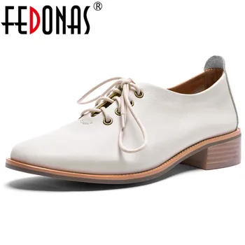 

FEDONAS Women 2019 New Fashion Genuine Leather High Heels Casual Working Spring Summer Shoes Woman Square Toe Lace-Up Rome Pumps