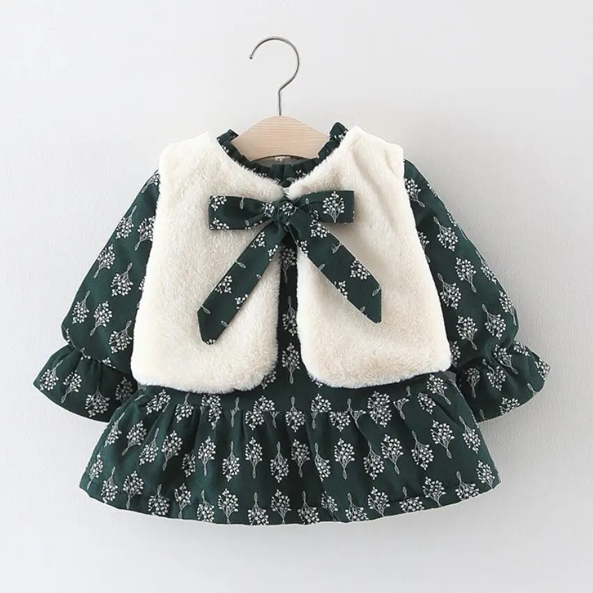 Новое зимнее платье для маленьких девочек, одежда для маленьких девочек, теплые флисовые платья с бантом для маленьких девочек+ жилет, комплект из 2 предметов, одежда для малышей 0-3 лет