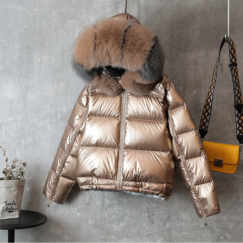 

Big Fur Both Side Wear Down Jacket 2019 Gold Black Pink Metal Short Parka Fashion Winter Warm Coat Dames Abrigos Mujer Invierno