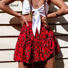 Dicloud повседневная высокая эластичная талия красный леопардовый оборками мини-юбка женщины хлопок лето осень шнуровка винтаж уличной Стритстайл женской