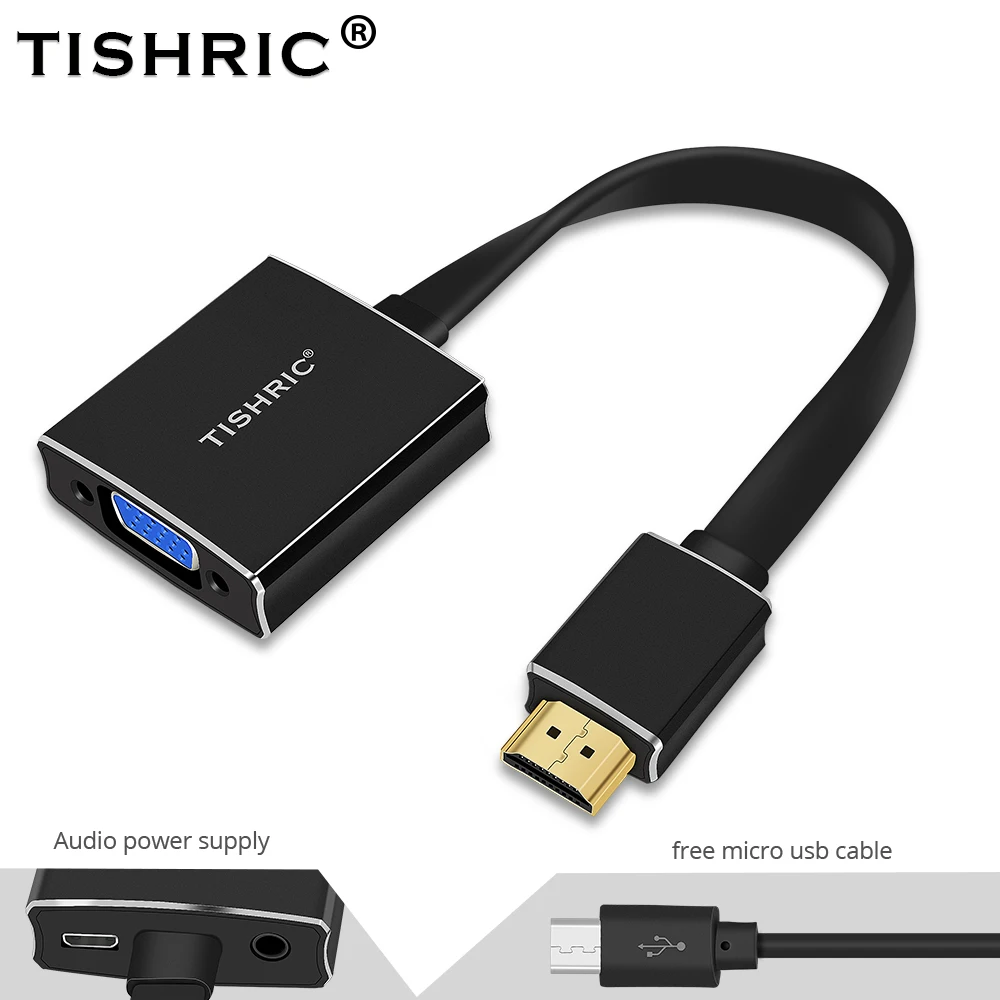 TISHRIC New HDMI to VGA Adapter Cable Jack 3.5mm Audio Power Digital to Analog Video Converter