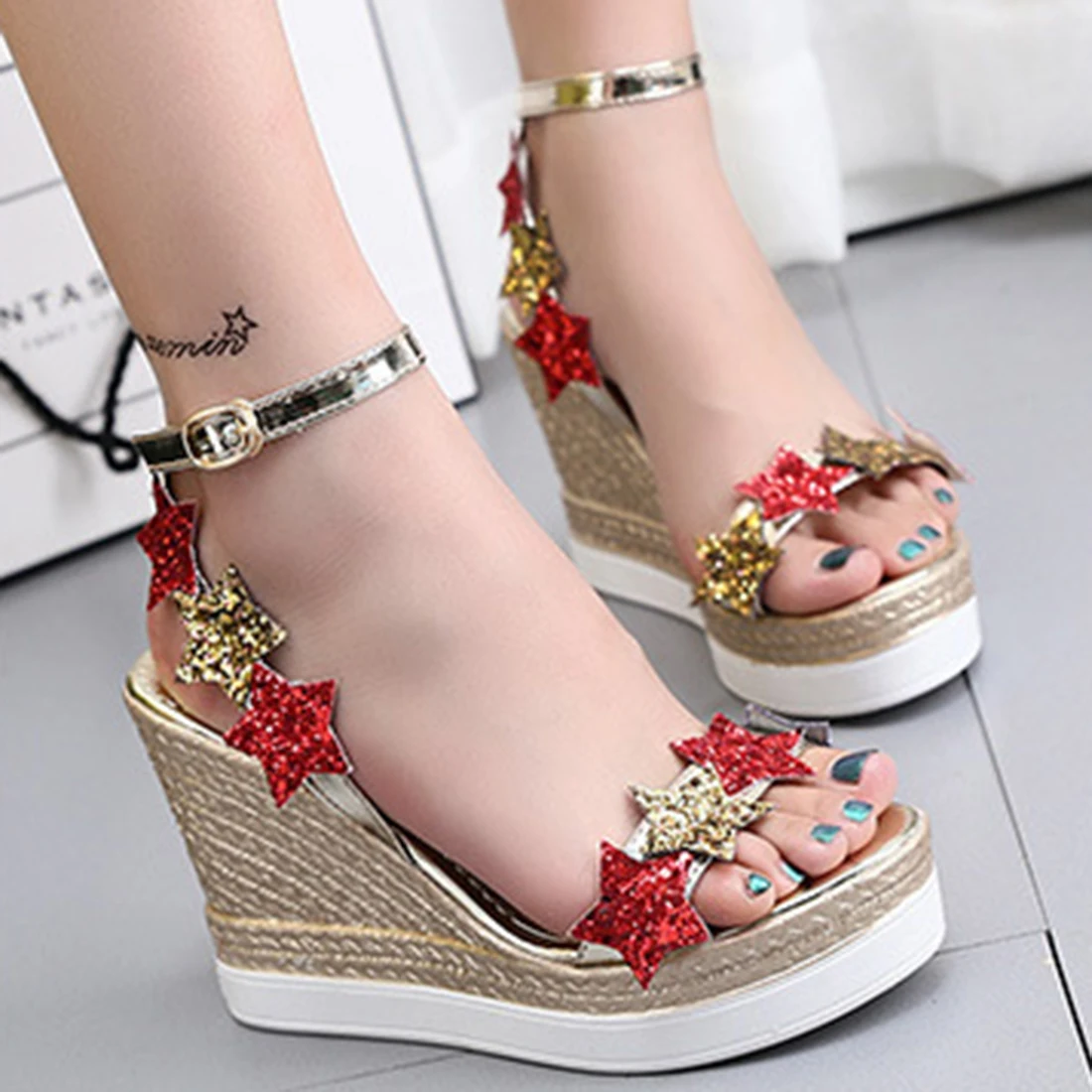 

Mixed Color Fashion Summer Wedges Women's Sandals Platform Bling Stars Flip Flops open toe high-heeled Women shoes Female