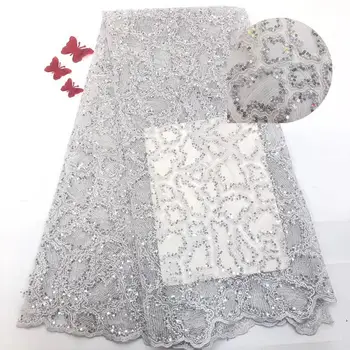 

2019 Wholesale luxury quality African chiffon lace fabric with sequins 5 yards grey sequins lace fabric wedding decoration