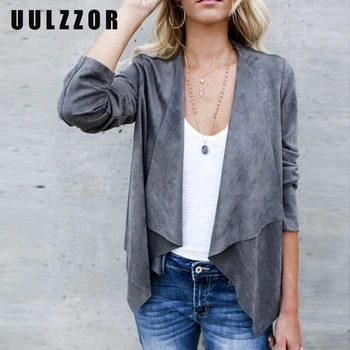 

UULZZOR autumn Casual jacket Women suede jackets 2019 Blend Coat Slim Long Sleeve Pleated Solid Wild female vintage jacket 2019