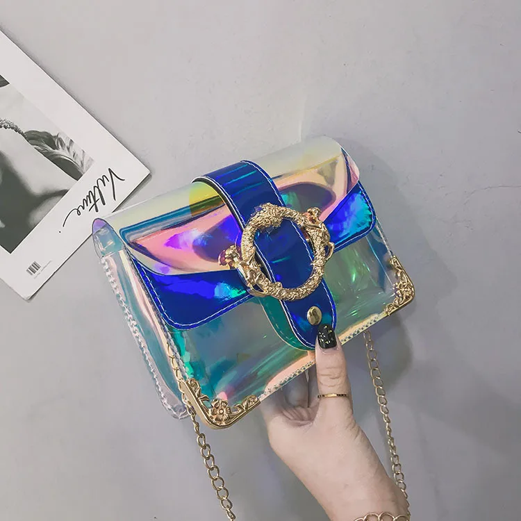 

Women's Small Square Package 2019 Spring Of The Chain Laser Transparent Messenger Bag Polyester Fiber Solid Color Shoulder Bag