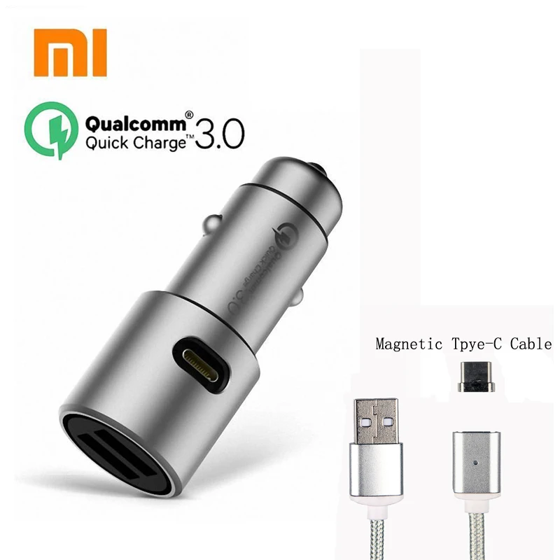 Оригинальное автомобильное зарядное устройство Xiao mi с двумя usb-портами для быстрой зарядки QC3.0 универсальное автомобильное зарядное устройство mi с магнитным кабелем для большинства телефонов - Тип штекера: Add Type-C Cable