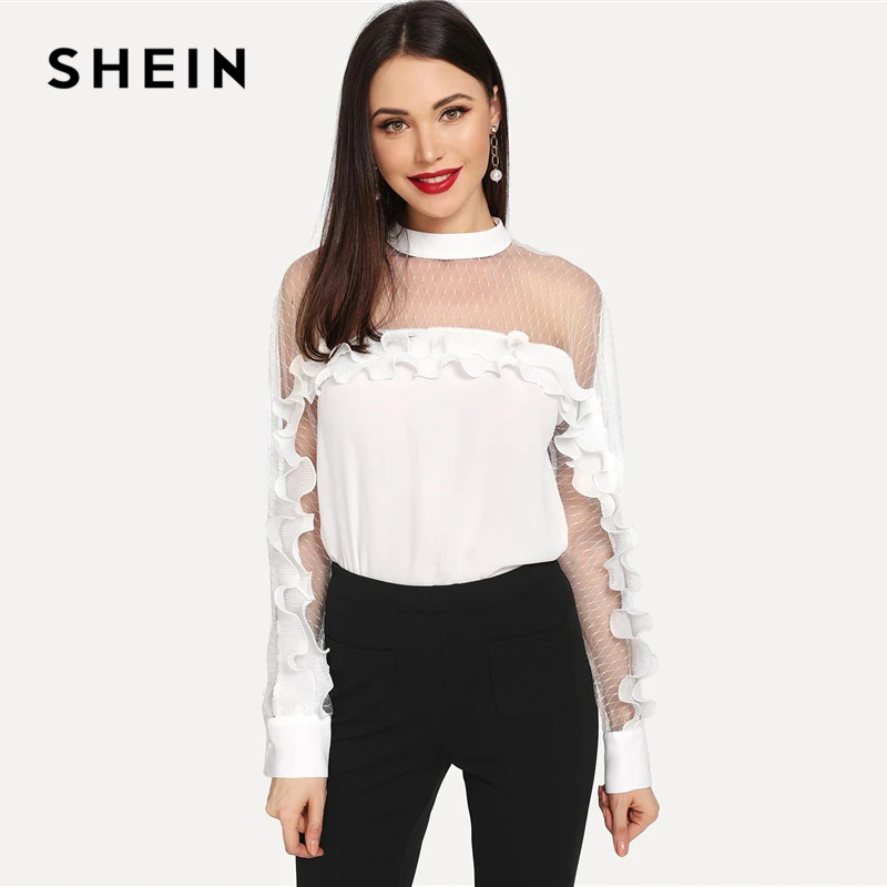 

SHEIN Beige Diamond Mesh Shoulder Ruffle Trim Keyhole Back Long Sleeve Top Blouse Women Spring Elegant Plain Tops and Blouses