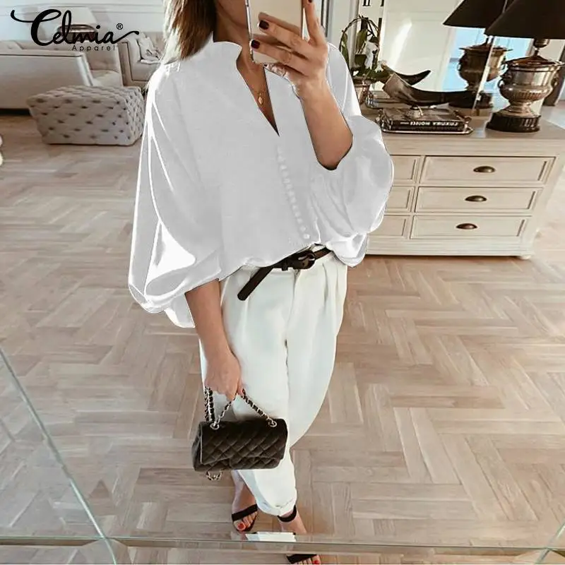 

Plus Size Blouses 2019 Celmia Office Tops Women Solid Tunic Shirts Autumn Long Sleeve Buttons Down Casual Loose Blusas Femininas