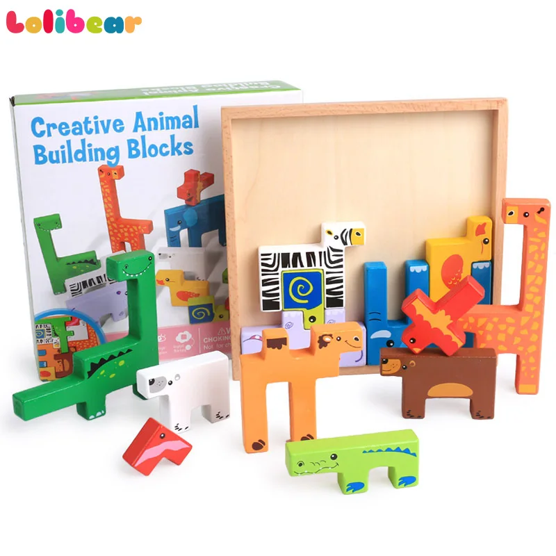 Montessori Wooden Cartoon Animal Peg Blocs 3D Puzzle Shape Learning Education and Development Toys for Children | Игрушки и хобби