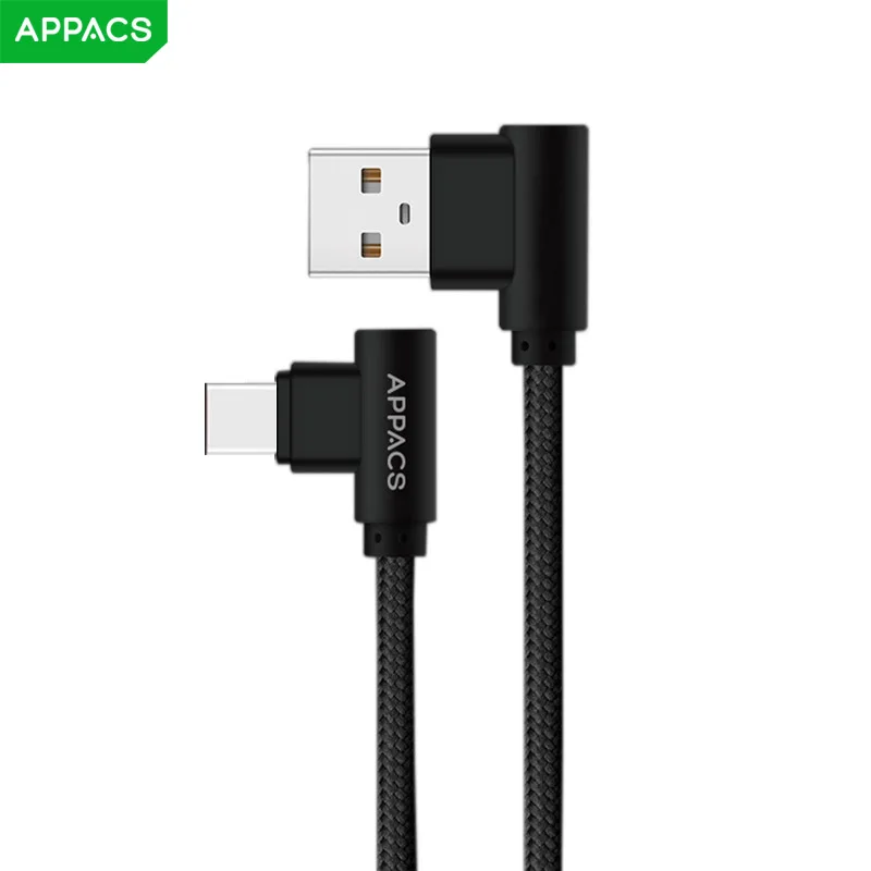 APPACS нейлоновый usb type-C кабель 2.4A USB C быстрое зарядное устройство кабель синхронизации данных 90 градусов кабель type-c для Xiaomi Mi6 huawei samsung S9 - Цвет: Черный