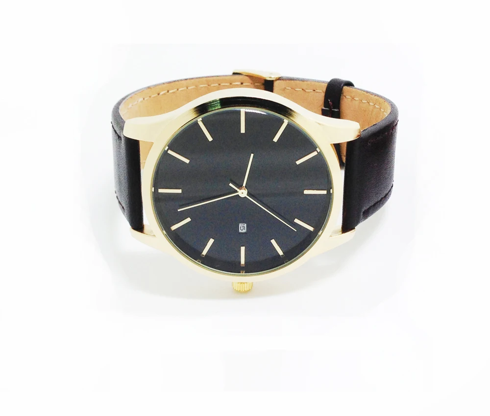 Gold Watches Men No logo name Genuine Leather Strap Quartz Movement