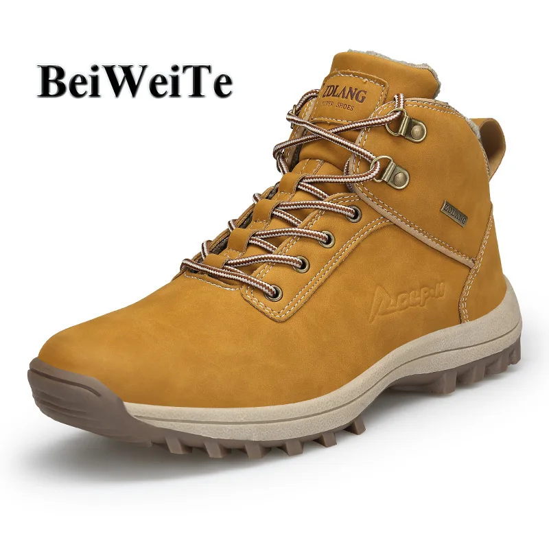 Men Hiking Shoes Male Big Size Winter Plus Fur High Top Snow Walking Barefoot Shoes Tourism Outdoor Trekking Shoes Hunting Boots