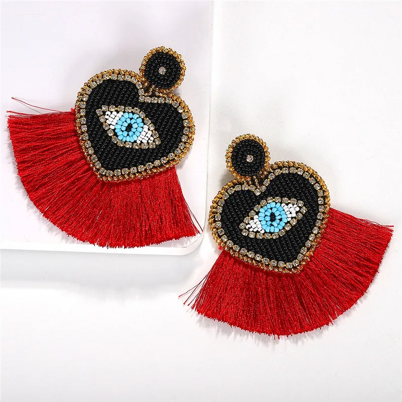 Ethnic Beaded Heart Eye shape Tassel Statement Earrings Jewelry Bohemian Vintage Chic Birthday Gift Drop Earring for Women