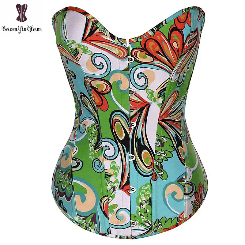 

Summer Wear Flower Printing Corset Overbust Outwear Corset Top Goth Corselet Fashion Women Bustier Top Blue Red And Green S-2XL