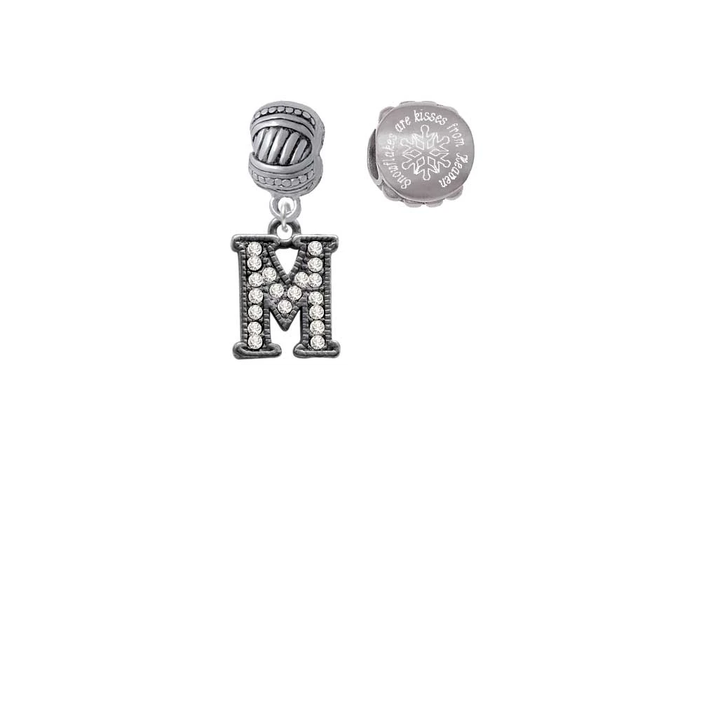 Black Nickeltone Crystal Initial - M - Beaded Border - Snowflakes are Kisses from Heaven Charm Beads (Set of 2)
