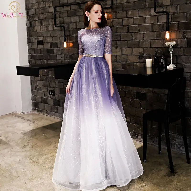 purple and white gown