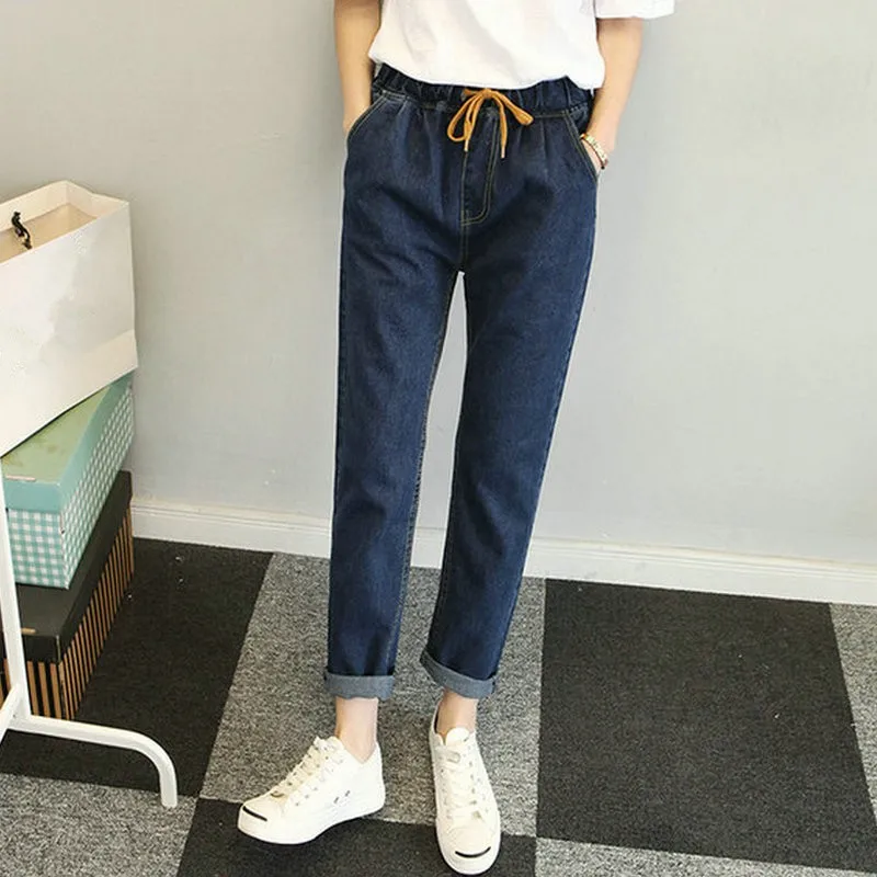 

S-5XL Autumn Preppy Style Women Jeans 2019 Korean New Fashion Elastic Waist Harem Pants Casual Clothes Denim Pants 63099