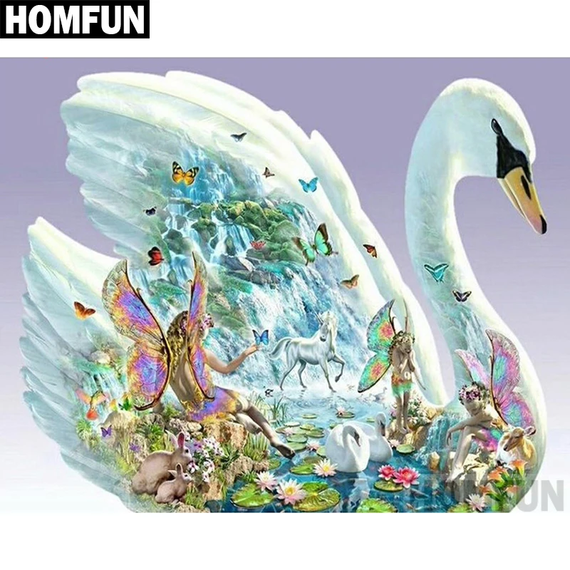 Алмазная живопись HOMFUN A02434 полноразмерная/круглая вышивка Лебедь бабочка 5D для