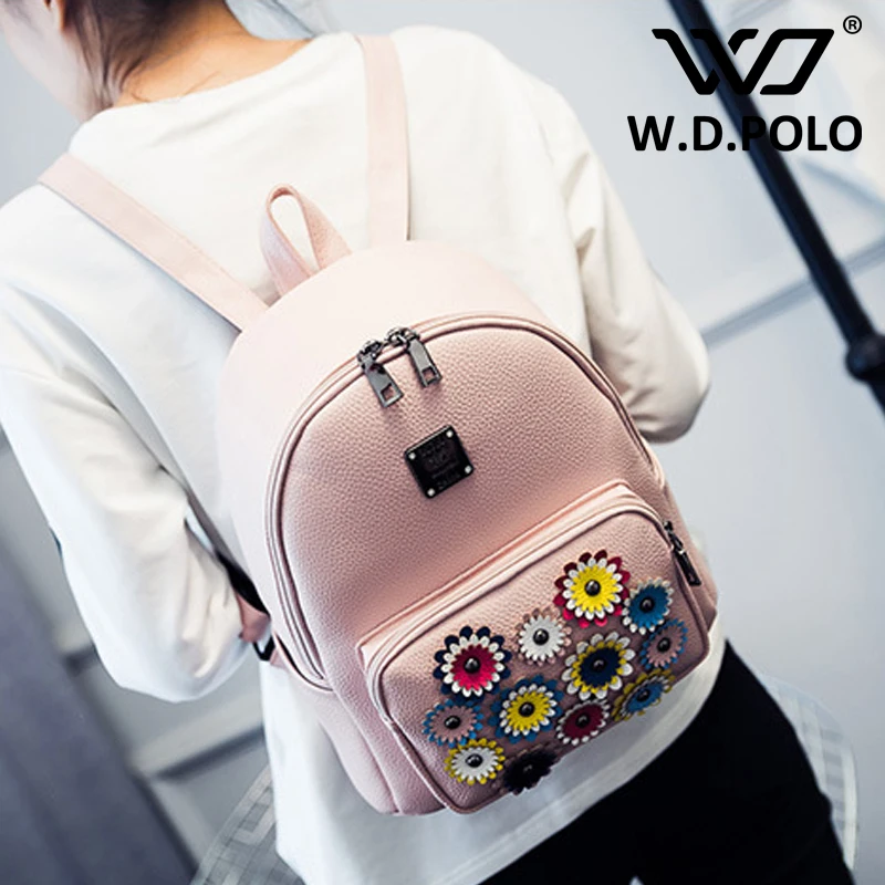

W.D.POLO Split leather women flower dot backpack high chic brand design lady hand bag easy matching good quality school bag 2643