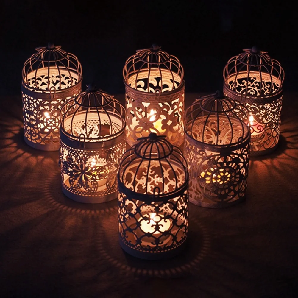 Hollow Candlestick Tealight Hanging Lantern Bird Cage Vintage Metal Candle Holder White Holder Candlestick