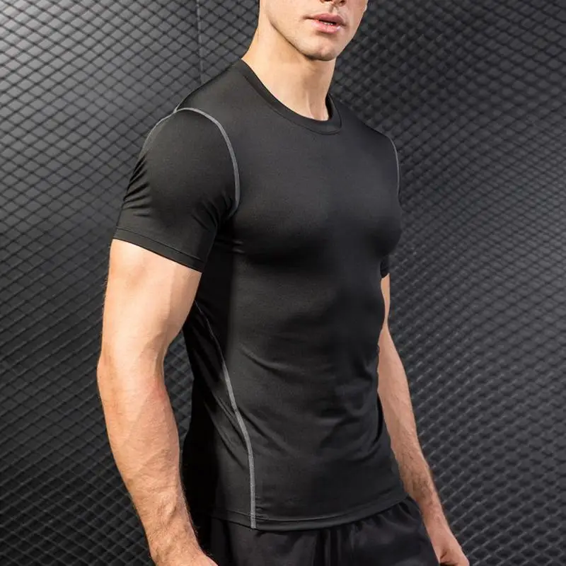 Мужская одежда для занятий фитнесом, Беговая спортивная одежда с коротким рукавом, эластичная быстросохнущая Спортивная футболка, высокоэластичная Спортивная футболка