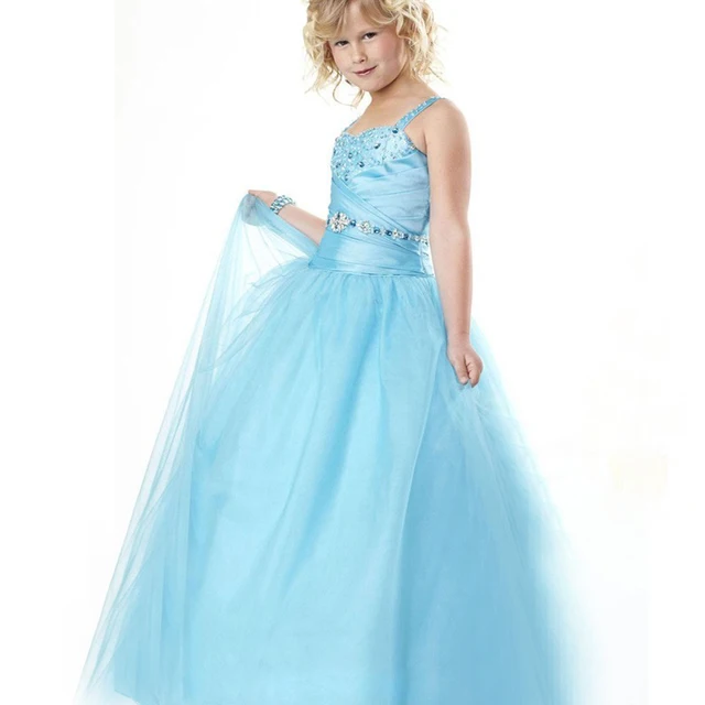 Cheap Stunning Flower Girl Dress Spaghetti Strap Draped Square Neck Back Criss-cross Ice Blue Princess Pageant Tulle Ball Gowns Glitz