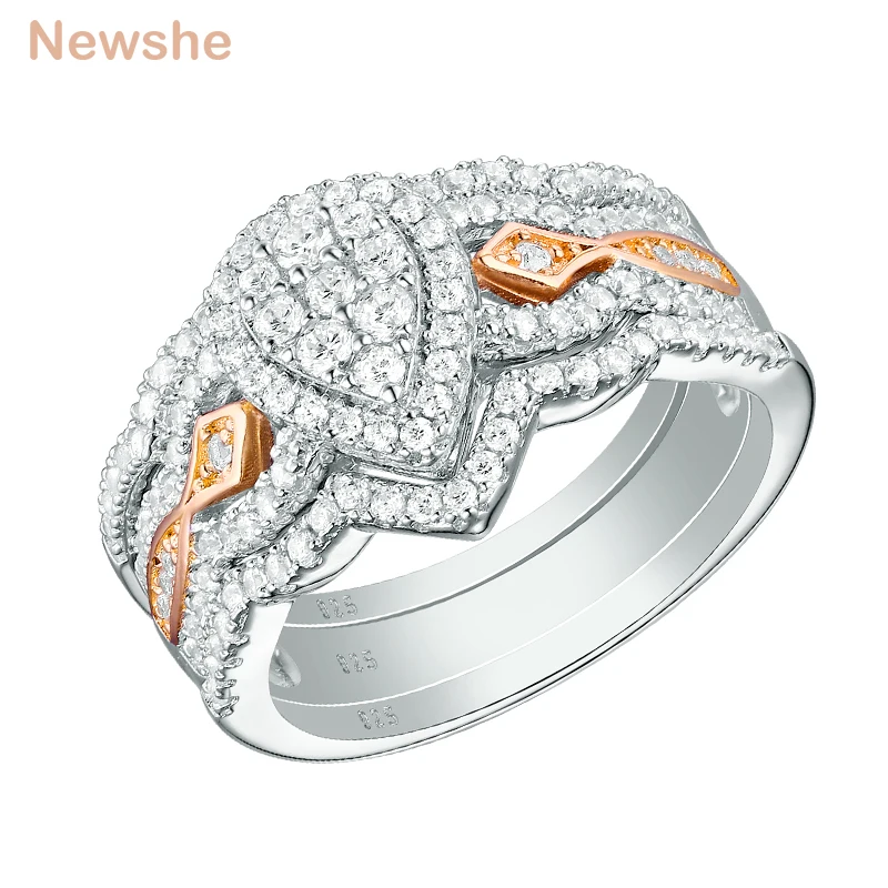 Newshe, 3 шт., 925 пробы, серебряные Свадебные кольца для женщин, 1,3 Ct, двойная груша, форма AAA CZ, обручальное кольцо, набор, модные ювелирные изделия