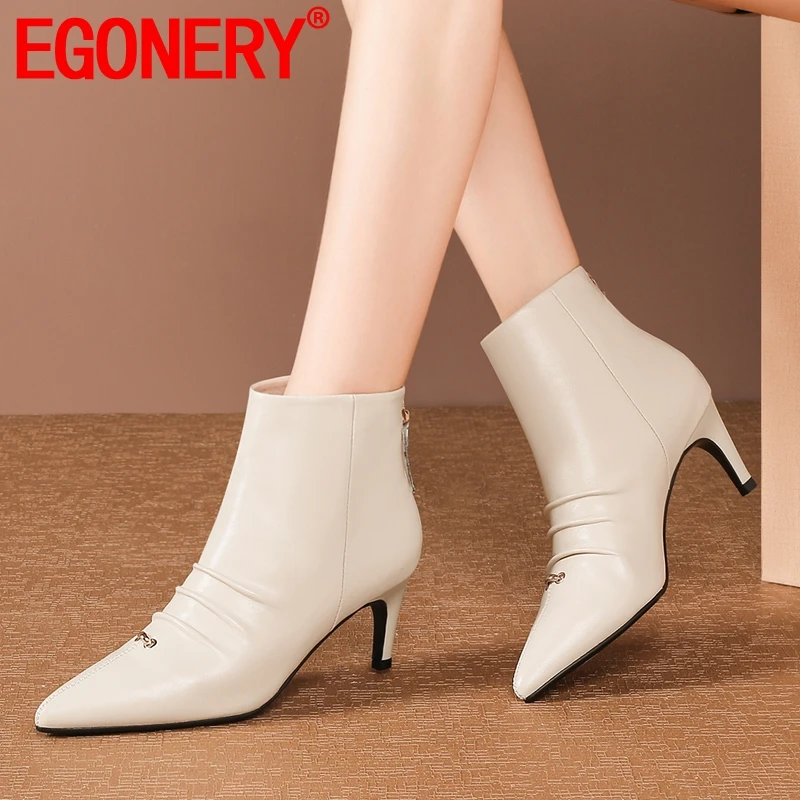 

EGONERY woman shoes 2019 winter new fashion sexy pointed toe genuine leather ankle boots outside high heels zip plus size shoes