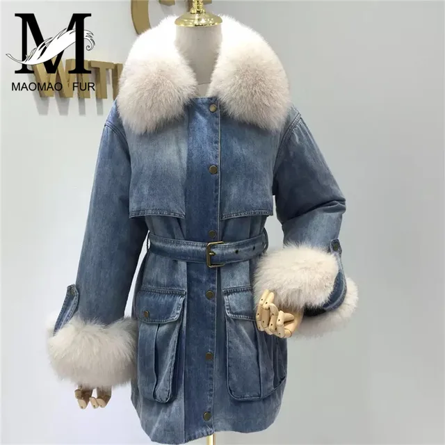2018 New Fashion Real Fox Fur Collar Coat Women Winter Jacket Duck Down Coat Outerwear Detachable Denim Jacket Natural Fur Coat 1