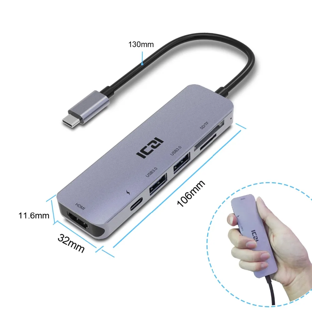 ICZI 6 в 1 USB C концентратор Тип C до 4 K HDMI USB 3,0 SD карты памяти конвертер для macbook Pro huawei P20 P30 Коврики 20 samsung S8 S9